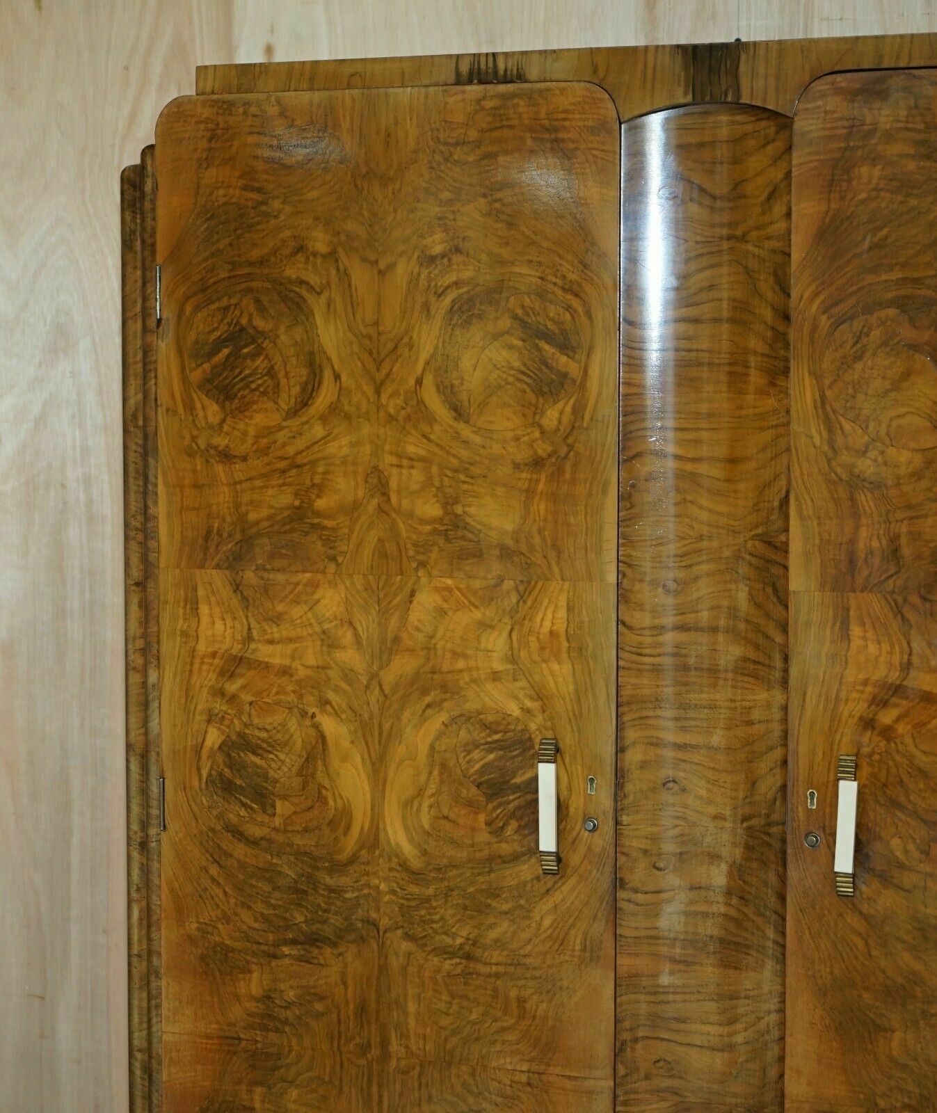Large Antique Art Deco Circa 1930's Satin Walnut Double Wardrobe Part Of Suite photo for sale