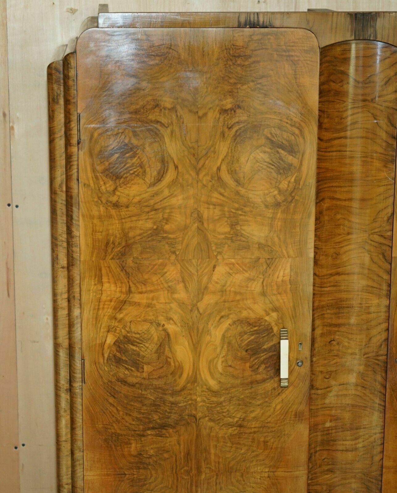 Large Antique Art Deco Circa 1930's Satin Walnut Double Wardrobe Part Of Suite photo Furniture