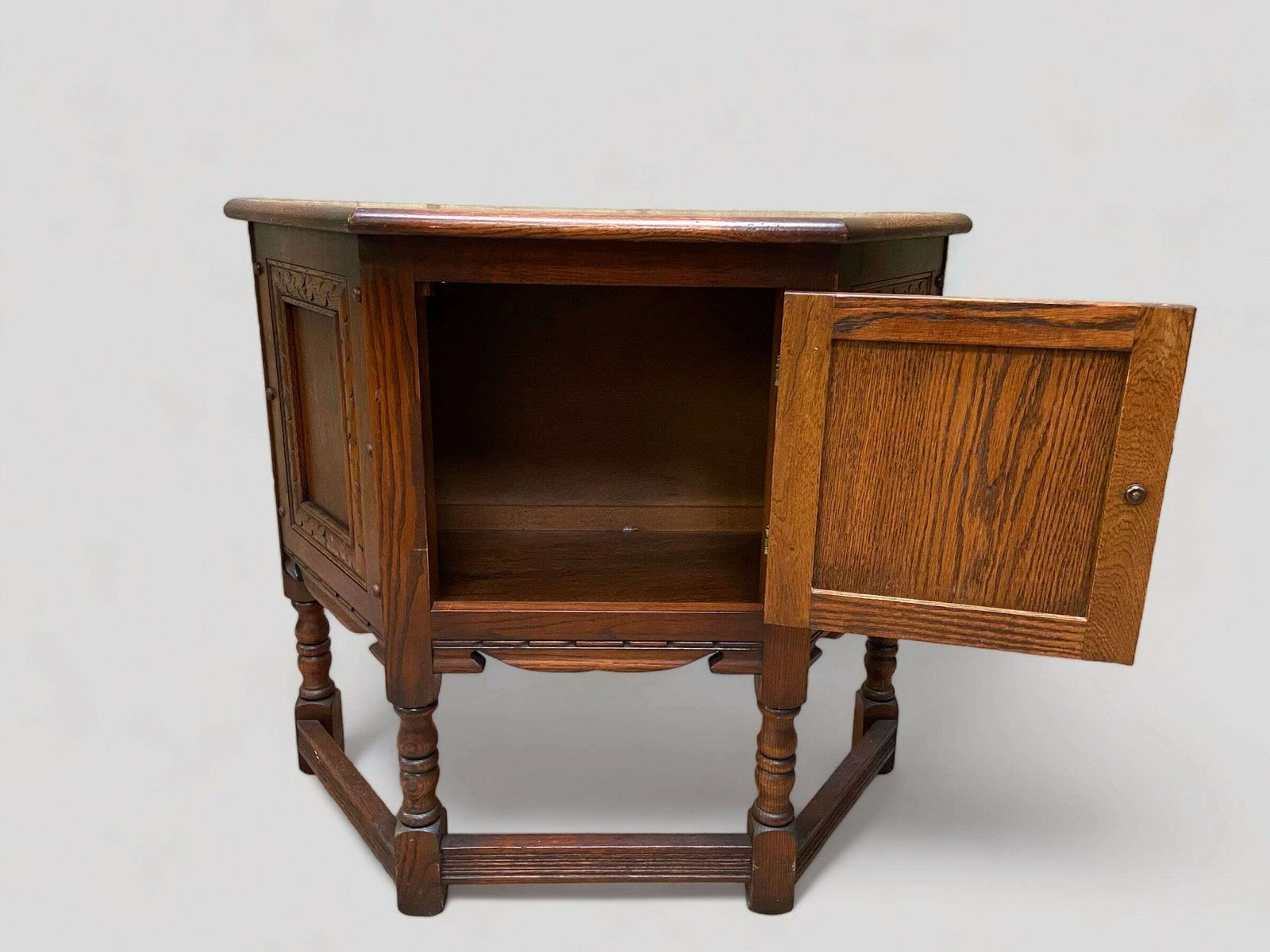 Vintage Old Charm Wood Brothers Side Cabinet / Carved Oak Canted Credence / Tudor Brown 1970s / Free Delivery photo furniture