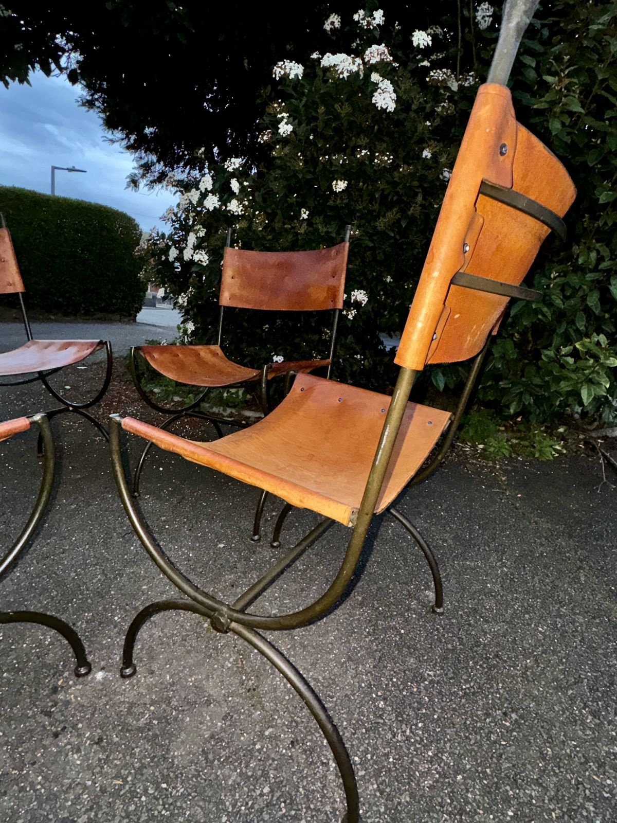 Set Of 4 Vintage English Saddle Leather & Wrought Iron Chairs photo for sale