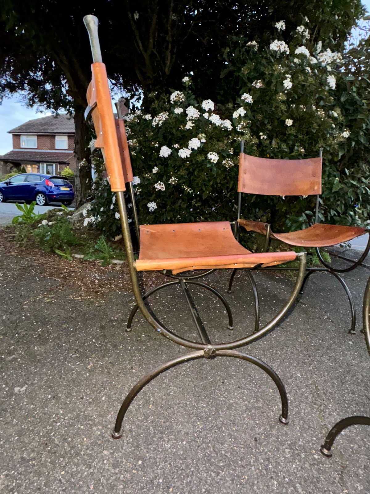 Set Of 4 Vintage English Saddle Leather & Wrought Iron Chairs photo vinterior