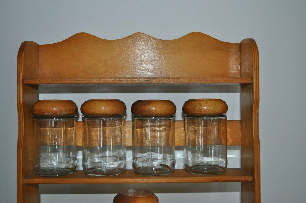 Vintage Wooden Spice Rack With Glass Bottles, Set Of 6 photo furniture