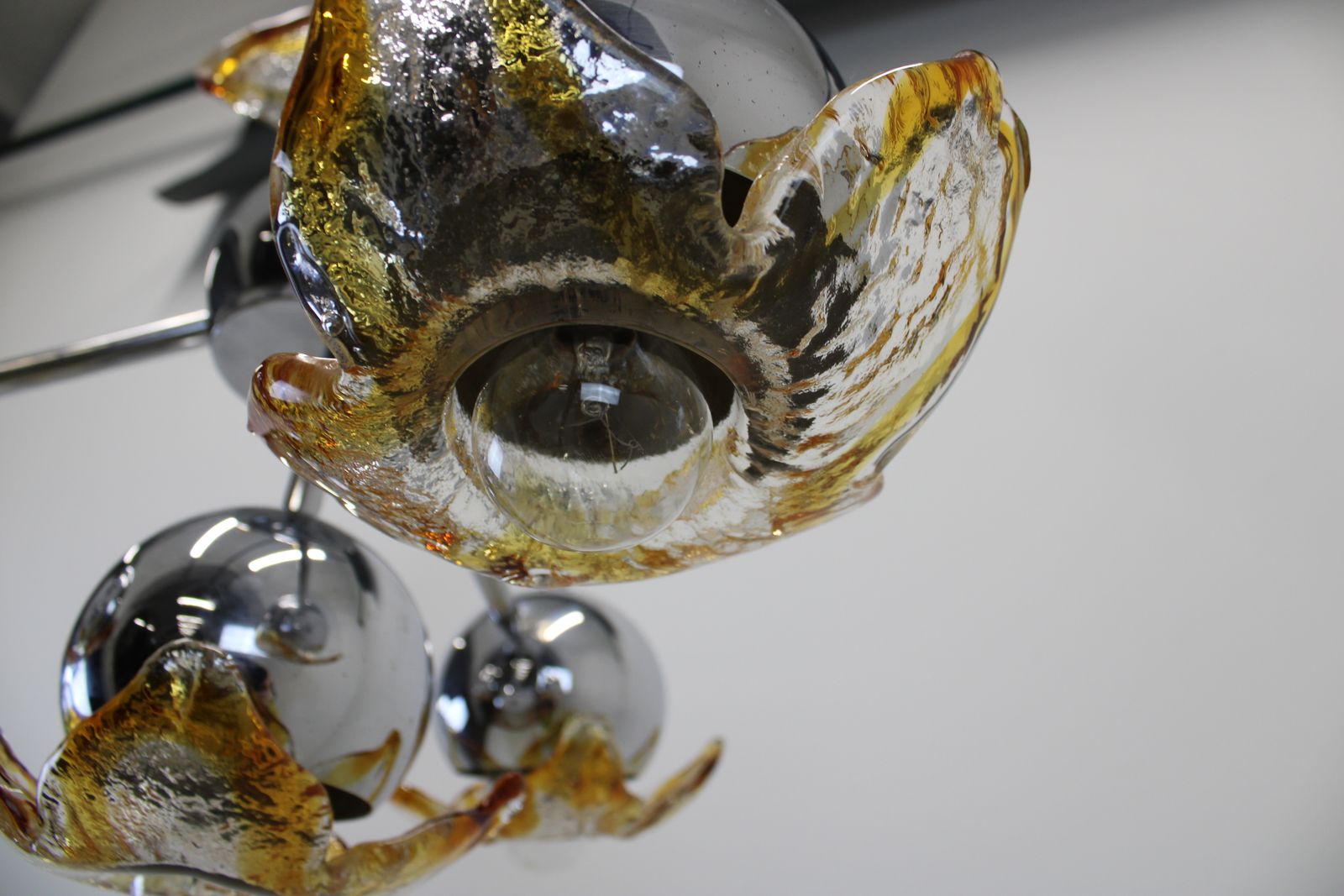 Murano Pendant Lamp By Mazzega/Italy 1970s Space Age/Chrome Sputnik Light photo for sale