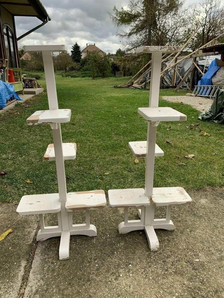 Art Deco White Painted Wooden Plant Stands, Set Of 2