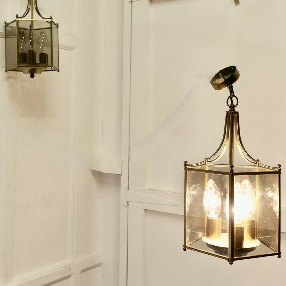 Superb Quality Pair Of Art Deco Style Brass And Glass Lanterns
