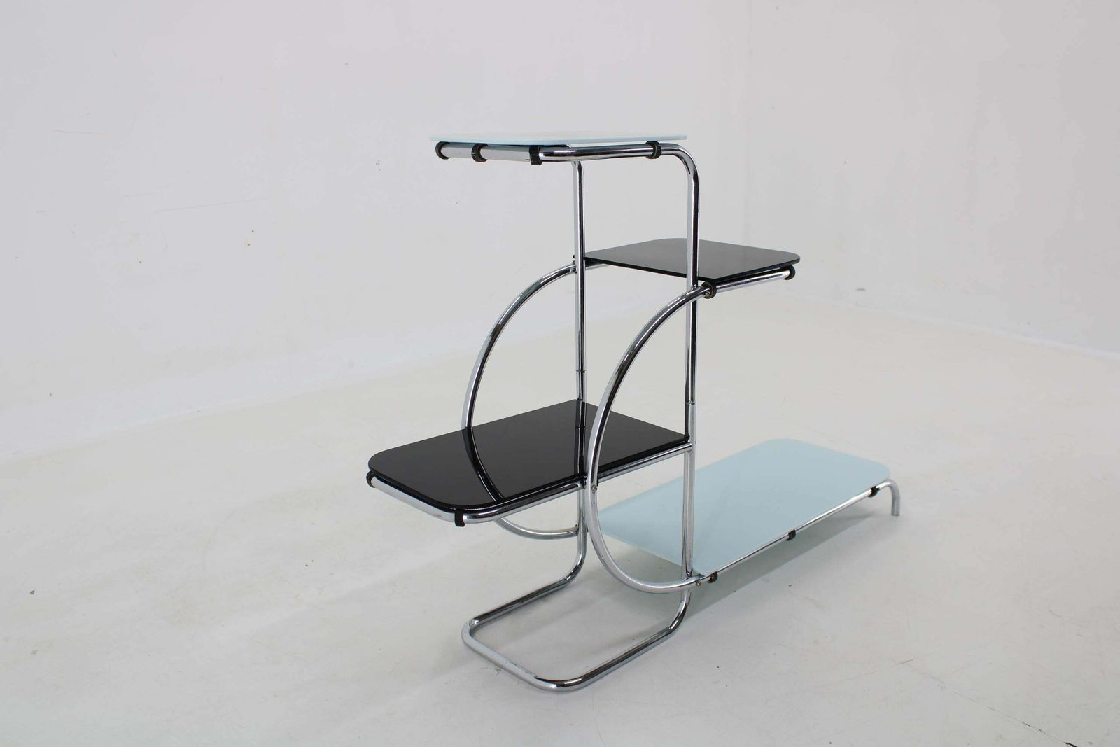1930s Bauhaus Chrome Plated Etagere With Opaxy Glass, Czechoslovakia photo vinterior
