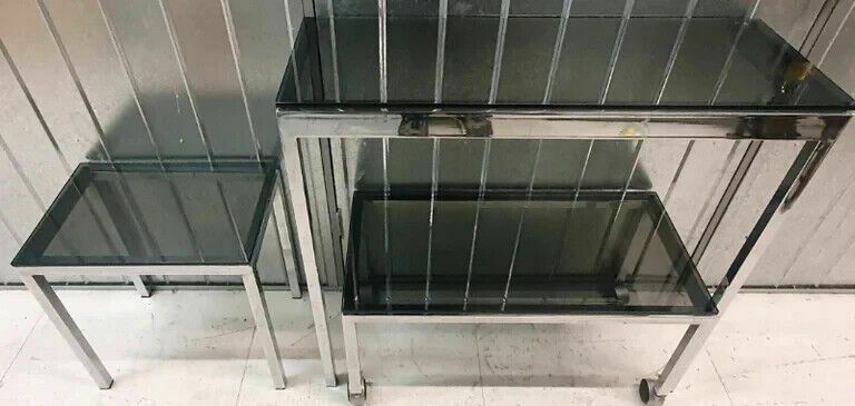 A Set Of 3 Chrome Tinted Glass Tables photo for sale