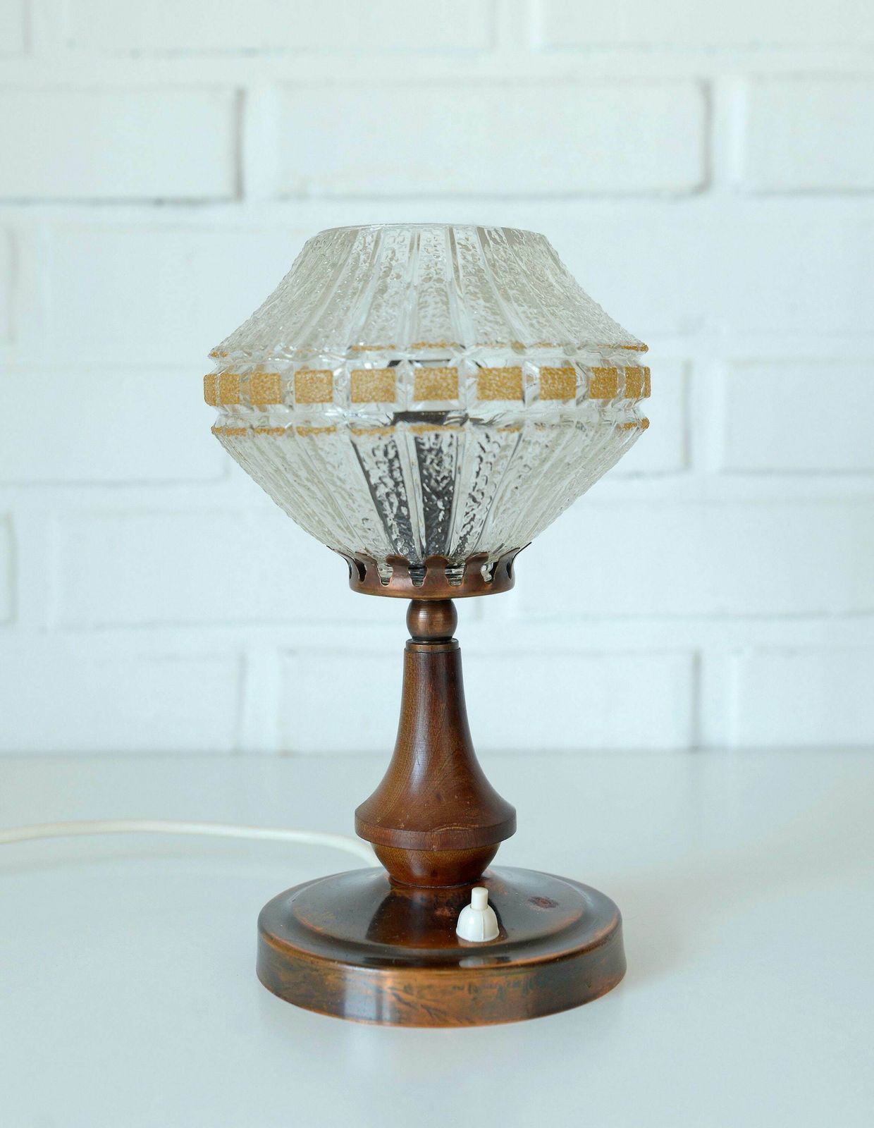 Vintage Bedside Lamp / Wood And Copper / Crystal Glass / Rustic Table Lamp / Desk Light / Yugoslavia 1970's / Light Fixture photo furniture