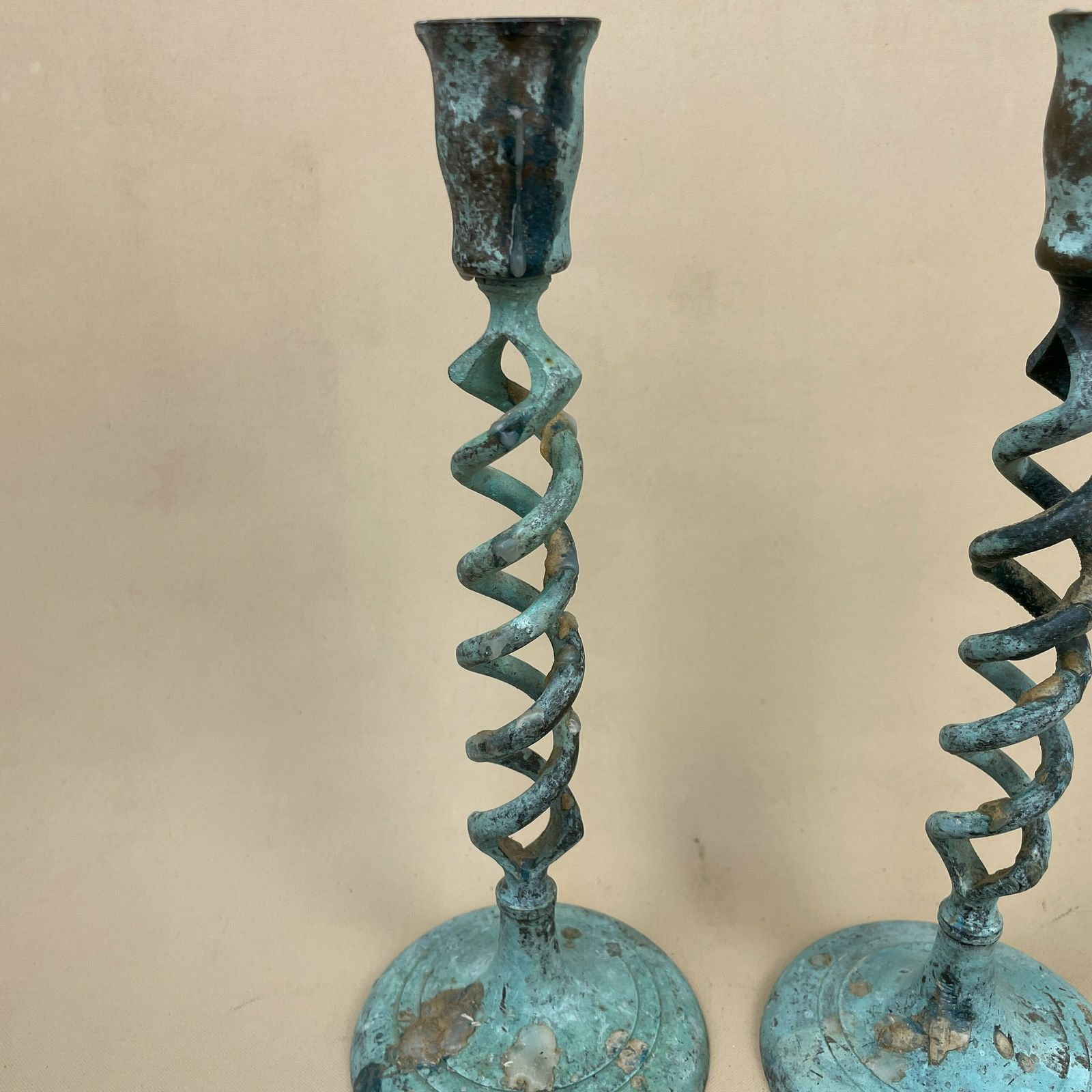 Antique Matching Pair Of Blue Aged Patina Gold Brass Metal Candlestick Candle Stick Vintage Column Taper Dinner Candlesticks Twisted Twist photo Home Decor