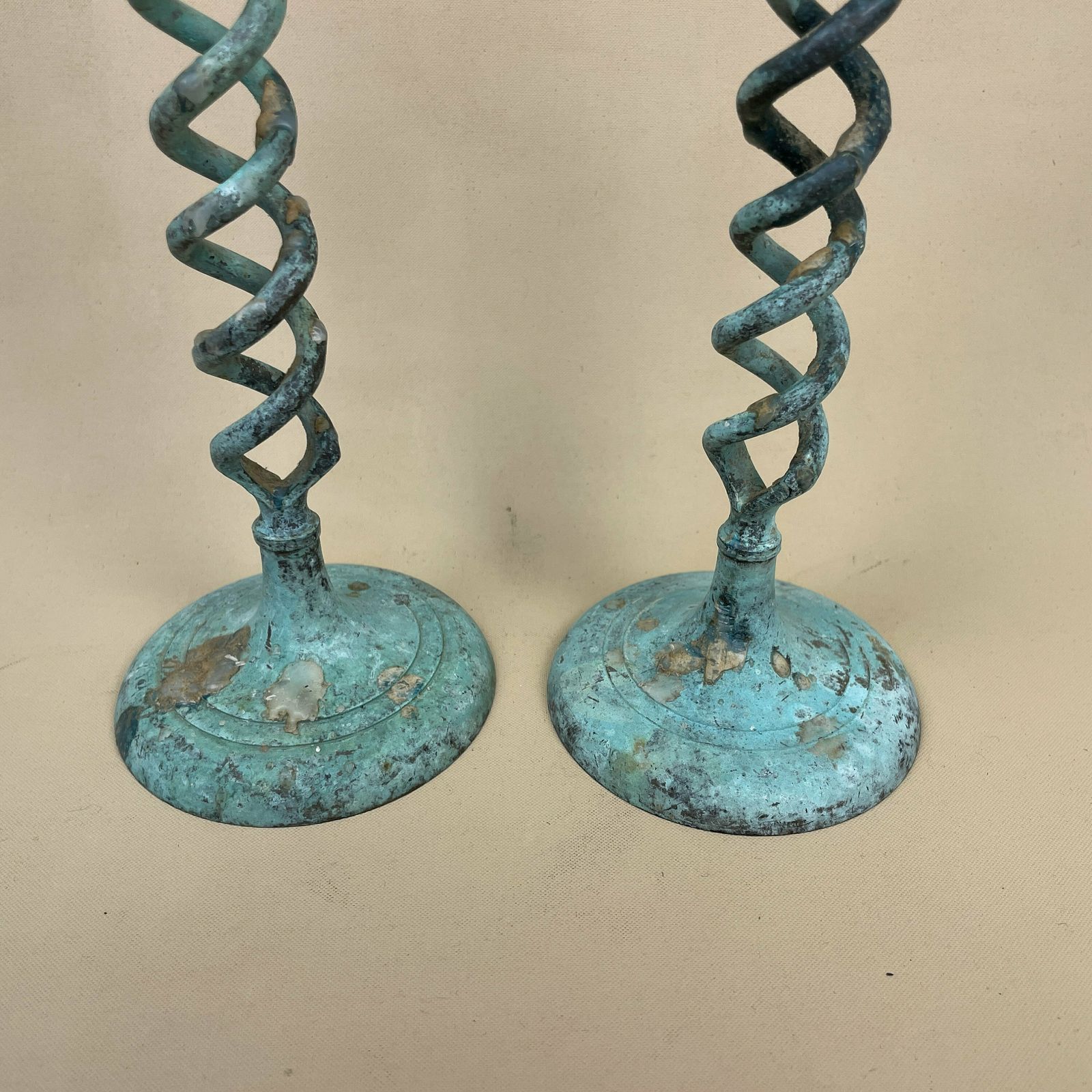 Antique Matching Pair Of Blue Aged Patina Gold Brass Metal Candlestick Candle Stick Vintage Column Taper Dinner Candlesticks Twisted Twist photo 55.0