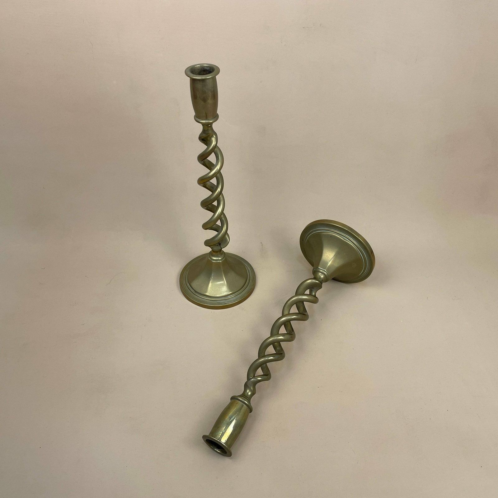 Antique Matching Pair Of Gold Brass Metal Candlestick Candle Stick Vintage Column Taper Dinner Candlesticks Twisted Twist Round Base photo furniture