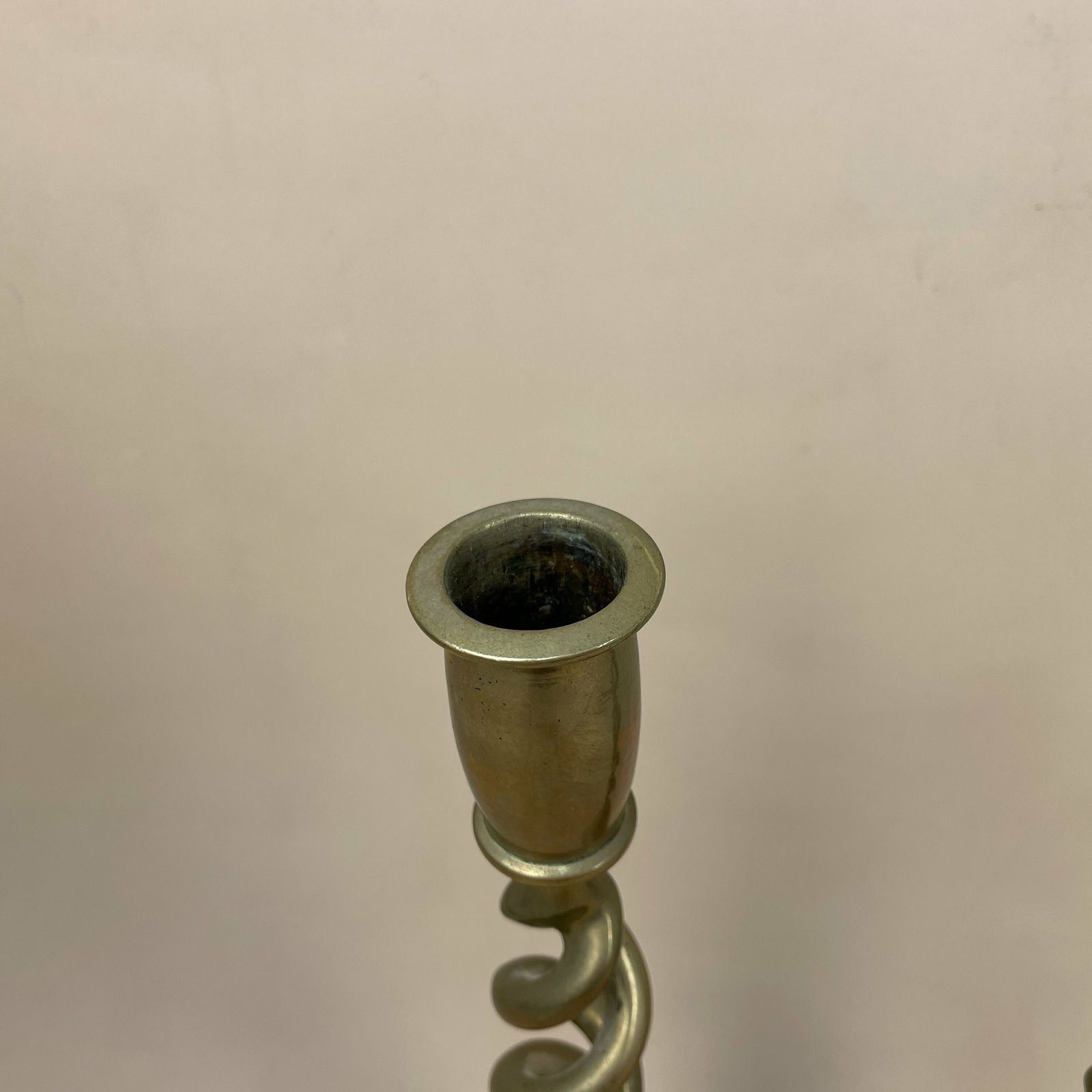 Antique Matching Pair Of Gold Brass Metal Candlestick Candle Stick Vintage Column Taper Dinner Candlesticks Twisted Twist Round Base photo for sale