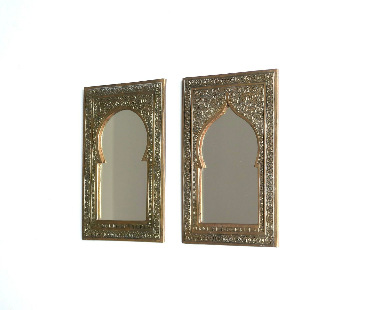 Pair Of Brass Moroccan Rectangular Wall Mirrors, Door Shaped, 1970s / Boho Chic, Bohemian, Folk Bathroom, Morocco, Arabian photo furniture