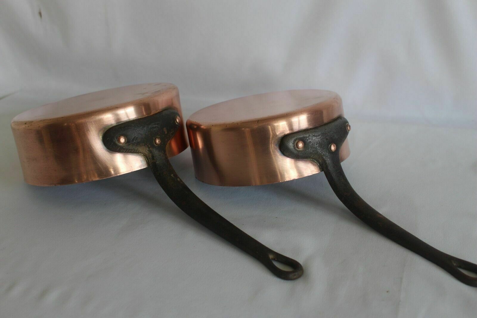 French Vintage Pair Of Professional Rare Find Copper Fry Pans Iron Handle Paris photo Home Decor
