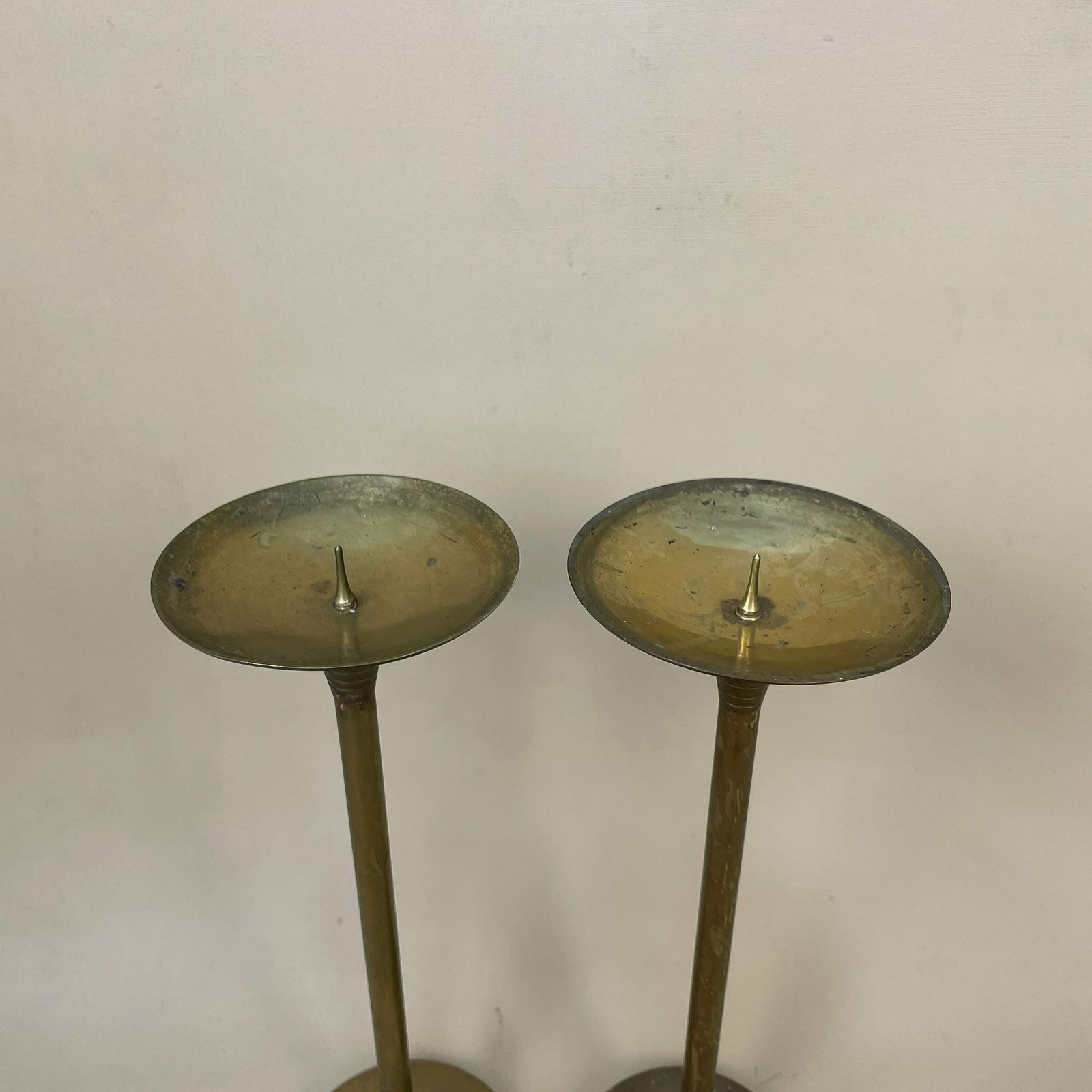 Antique Matching Pair Of Gold Brass Metal Candlestick Candle Stick Vintage Column Taper Dinner Candlesticks Pointed Thin Round Base photo for sale