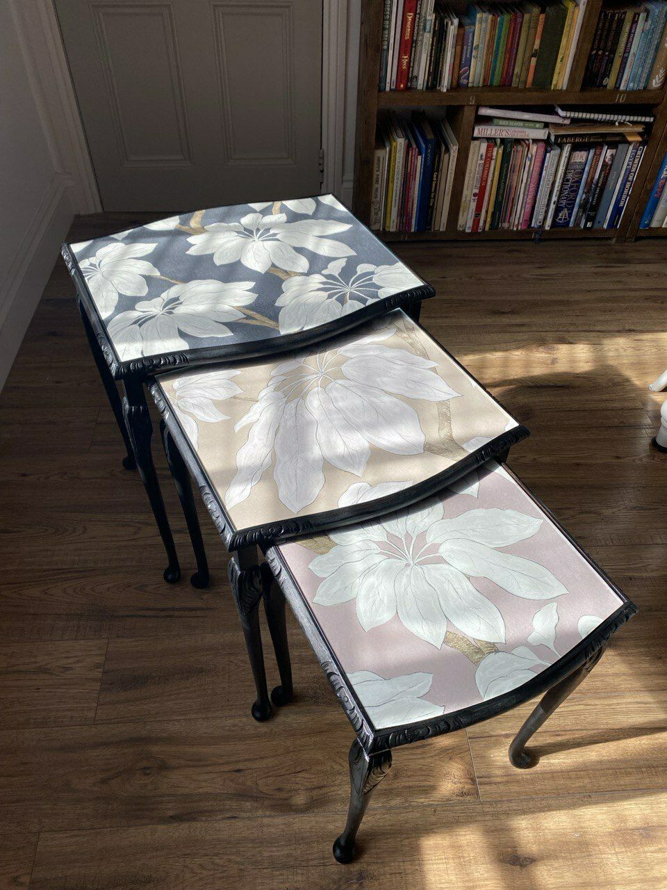 A Set Of Three Restored Vintage Nesting Tables With Glass Tops photo for sale