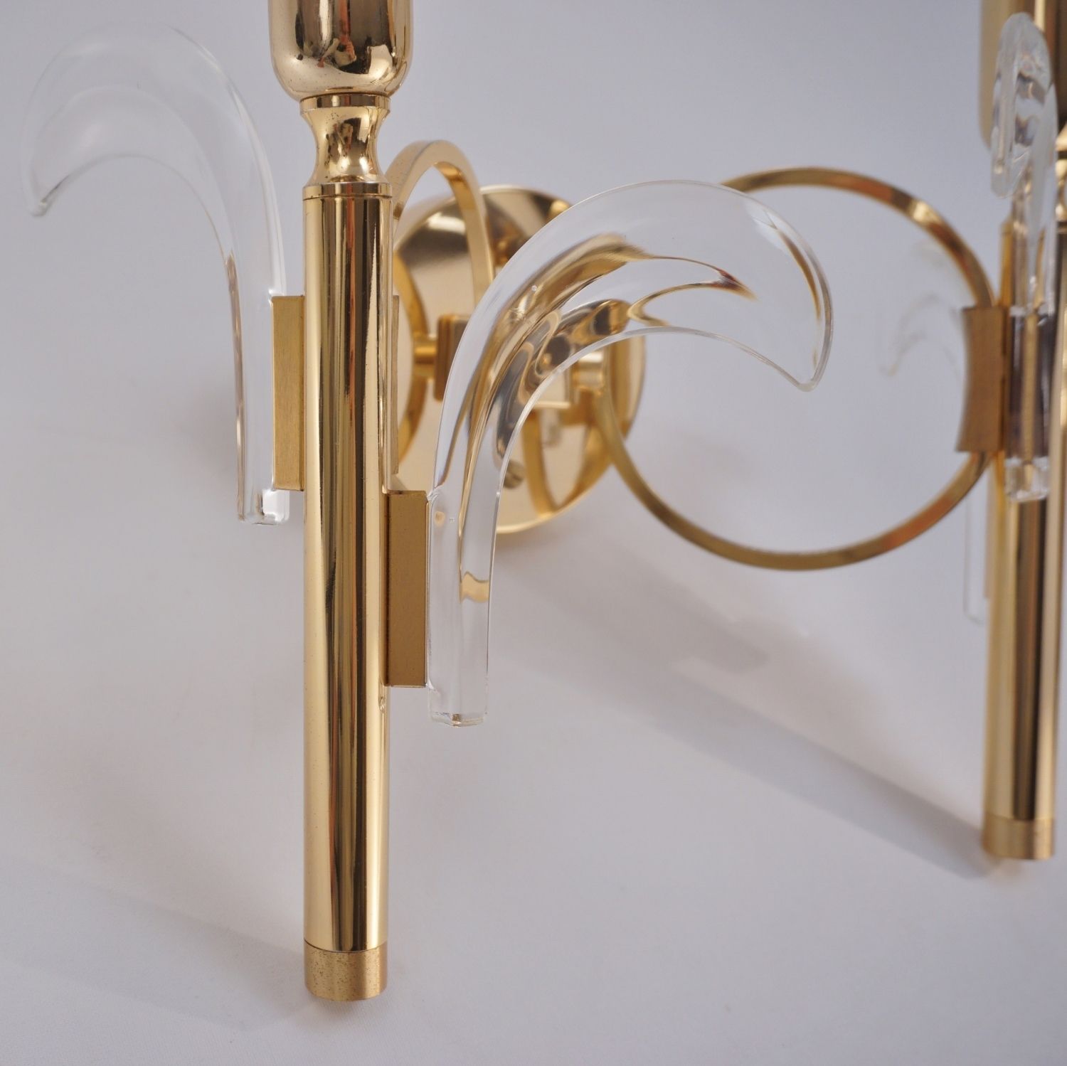Pair Vintage Palm Tree Brass Wall Lights Sconces, Gaetano Sciolari Style, Crystal On Gold Plated Gilt Frames, 1970`s Ca, Italian, Rewired photo 690.0