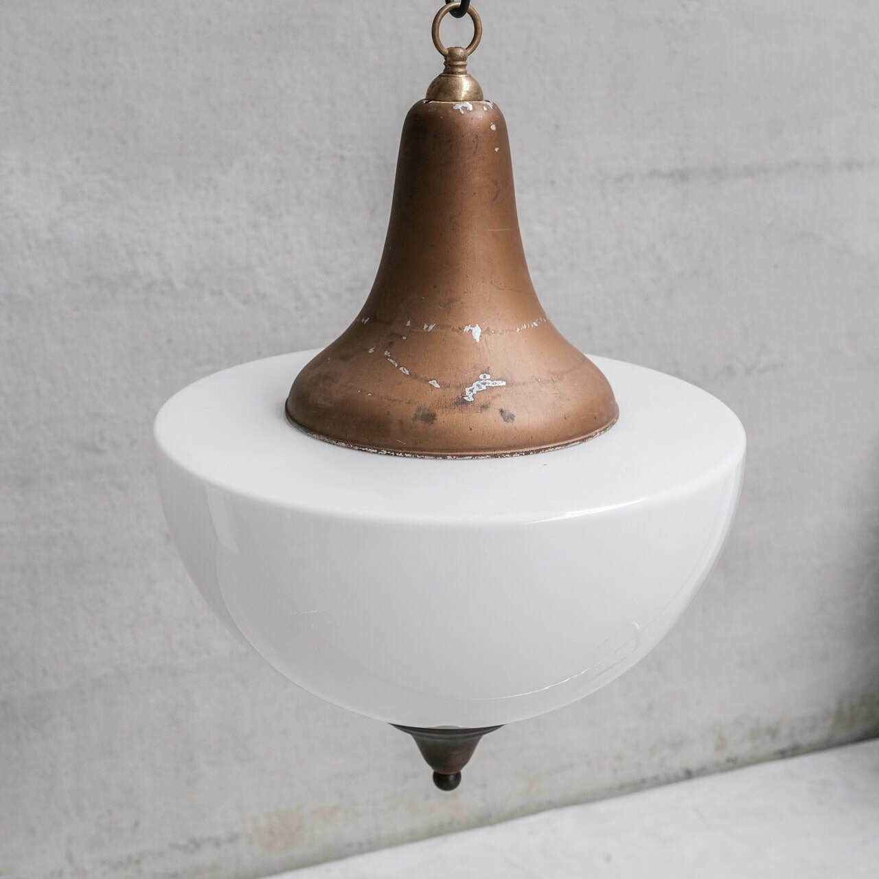 Large Mid Century Metal And Opaline Glass French Pendant Light photo vinterior