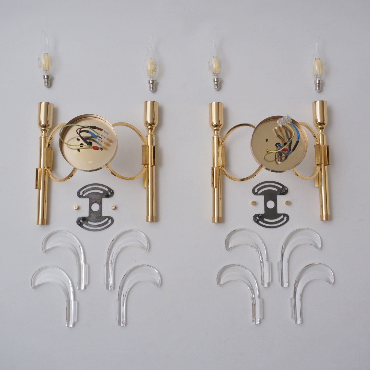 photo for sale Pair Vintage Palm Tree Brass Wall Lights Sconces, Gaetano Sciolari Style, Crystal On Gold Plated Gilt Frames, 1970`s Ca, Italian, Rewired