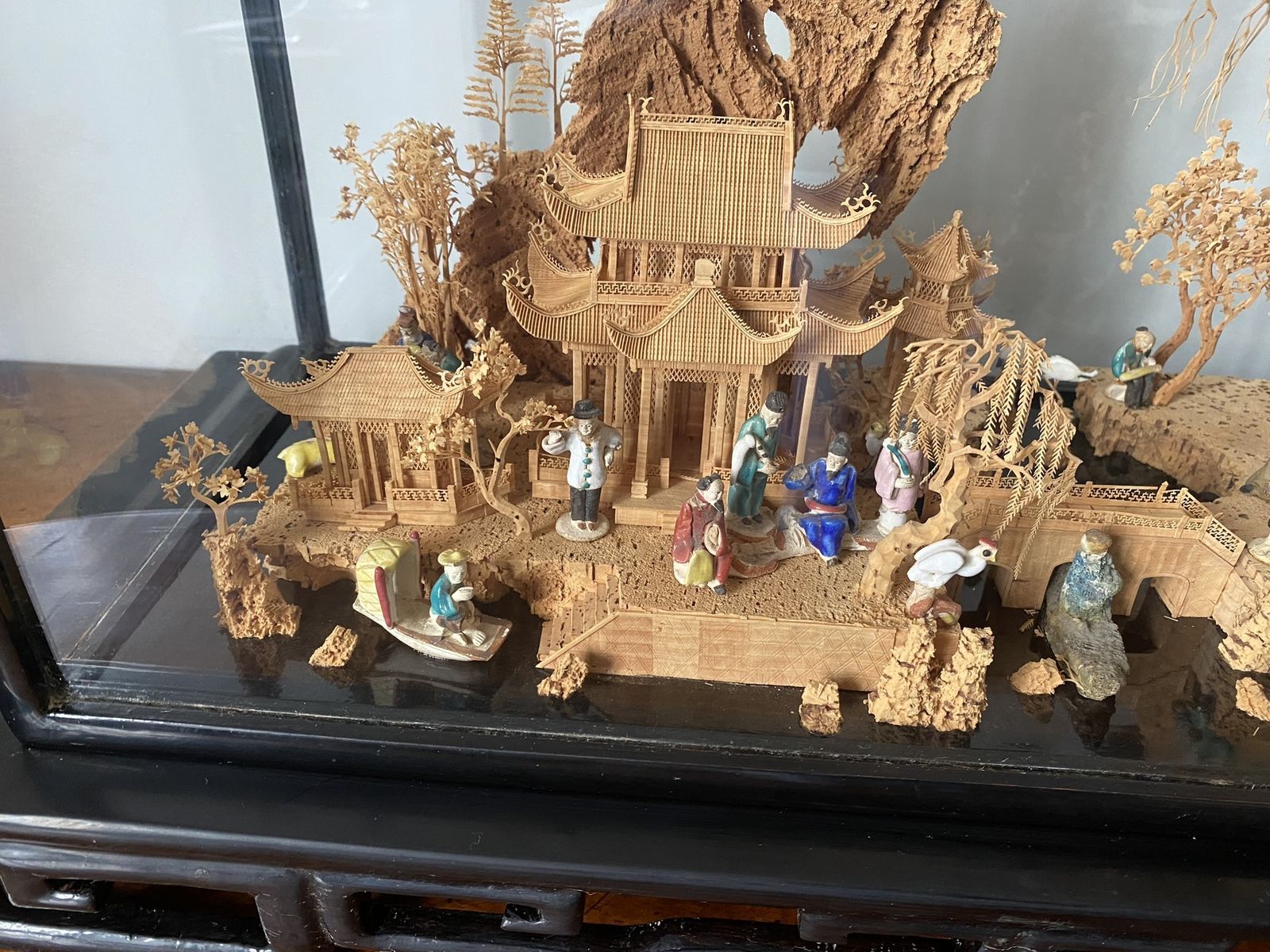 Large Scale Antique Chinese Carved Cork Diorama In Ebonised Glass Display Case photo vintage
