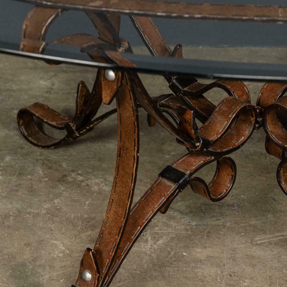 Cold Painted Wrought Iron Strap & Stitch, Glass Top Coffee Table C.1980 photo 2495.0