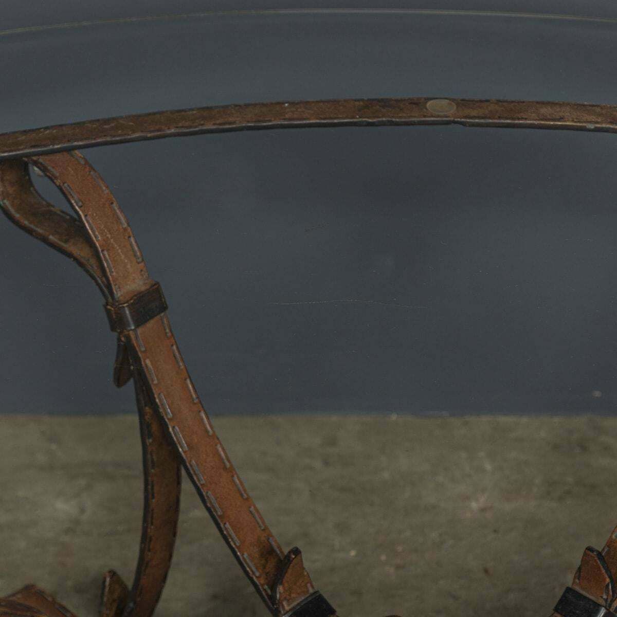 Cold Painted Wrought Iron Strap & Stitch, Glass Top Coffee Table C.1980 photo buy