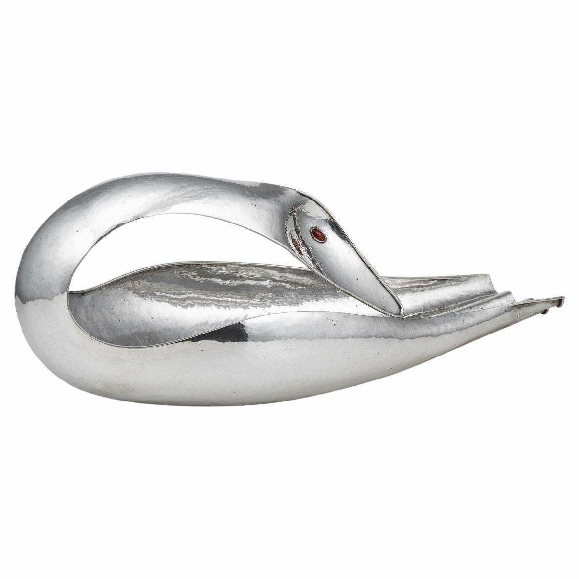 Italian Silver Baguette Tray In The Form Of A Swan, By Finzi C.1970
