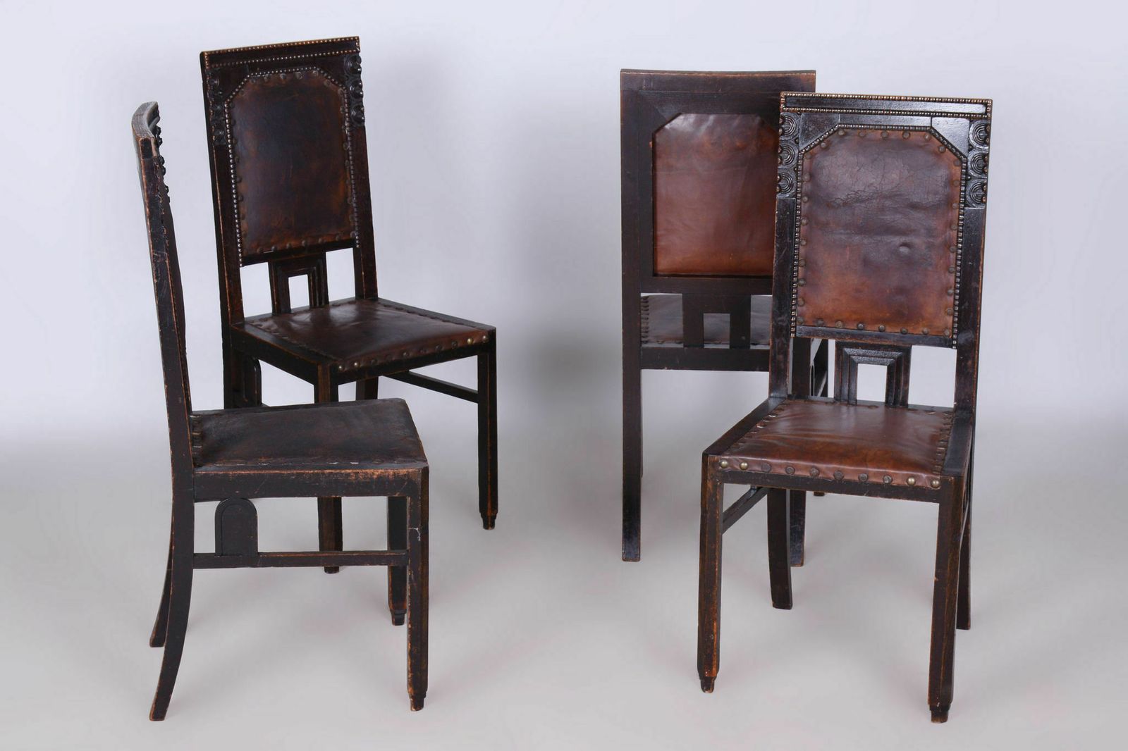 Set Of Four Cubist Chairs, By Josef Gočár, Solid Oak, Red Leather, Czech, 1910s photo furniture