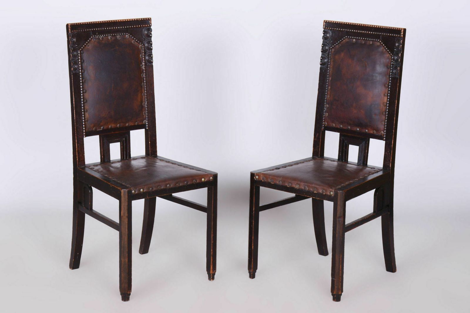 Set Of Four Cubist Chairs, By Josef Gočár, Solid Oak, Red Leather, Czech, 1910s photo for sale