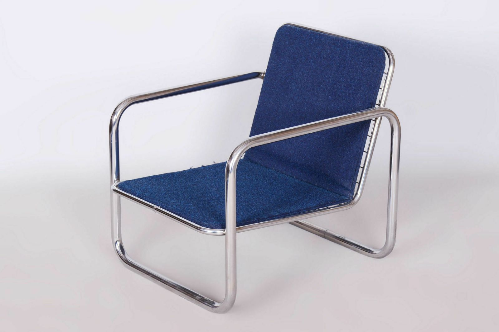photo for sale Original Bauhaus Armchair, Chrome Plated Steel, Cleaned Upholstery, Czech, 1950s