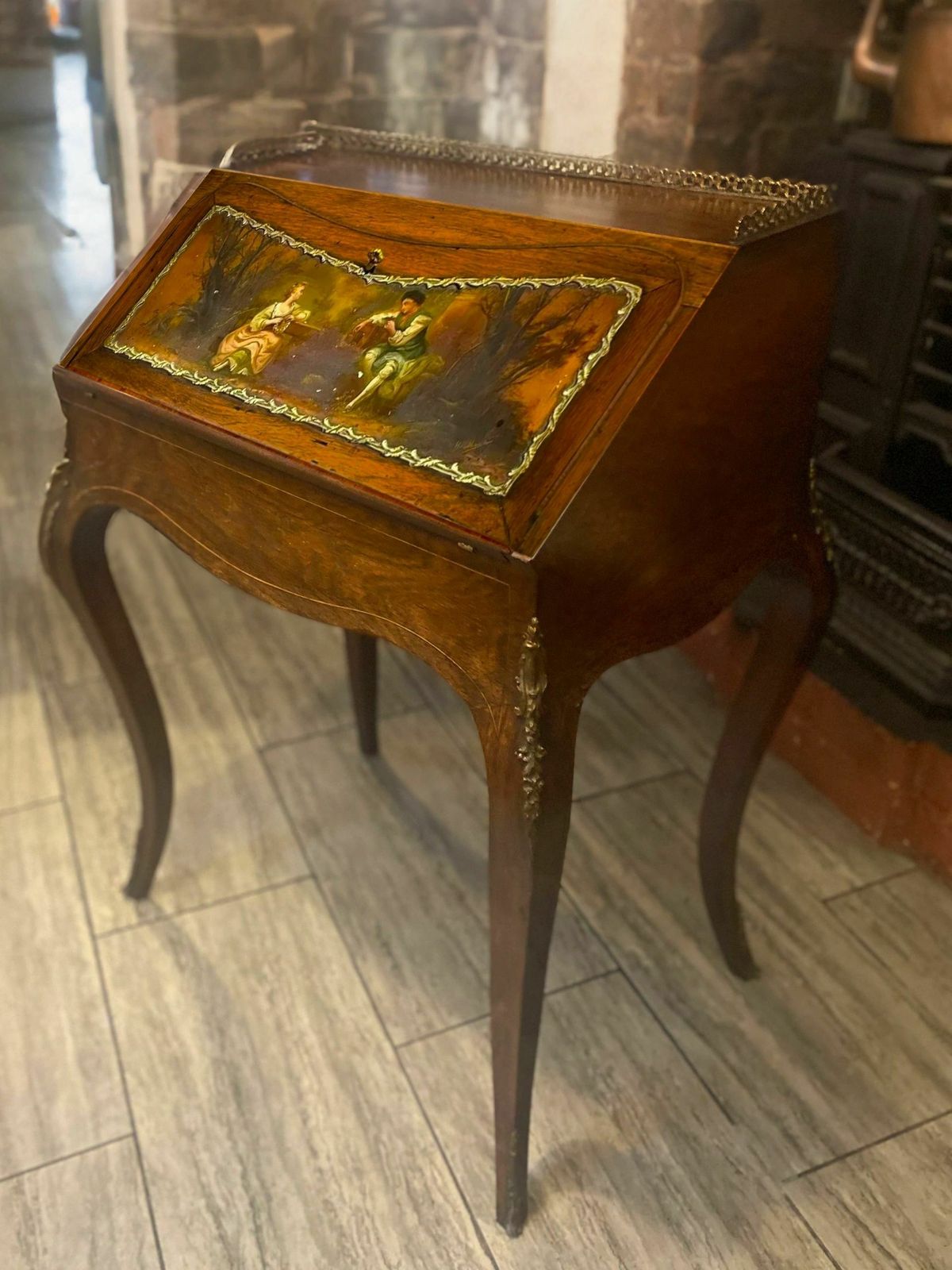 Antique Ladies French Writing Desk With Hand Painted Facade By Henri Martin photo vinterior