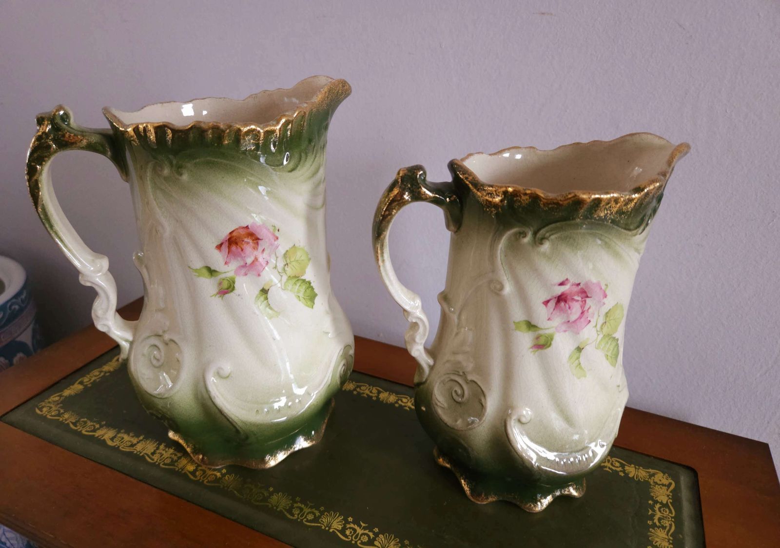 Pair Of Exquisite Victorian Art Nouveau Pitchers With Gold & Floral Decoration photo for sale