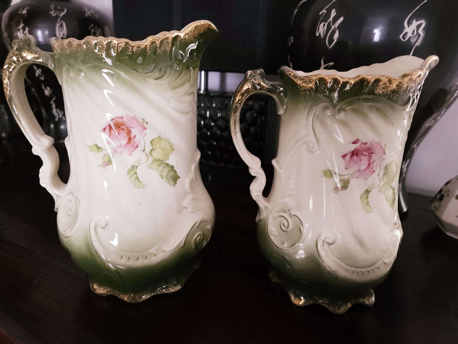Pair Of Exquisite Victorian Art Nouveau Pitchers With Gold & Floral Decoration photo buy