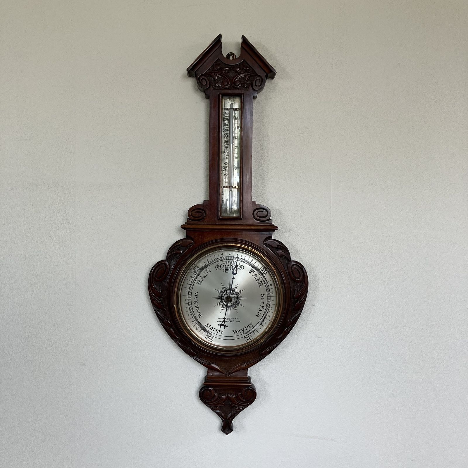 Beautiful Edwardian Carved Banjo Aneroid Barometer With Thermometer By James Lucking & Co