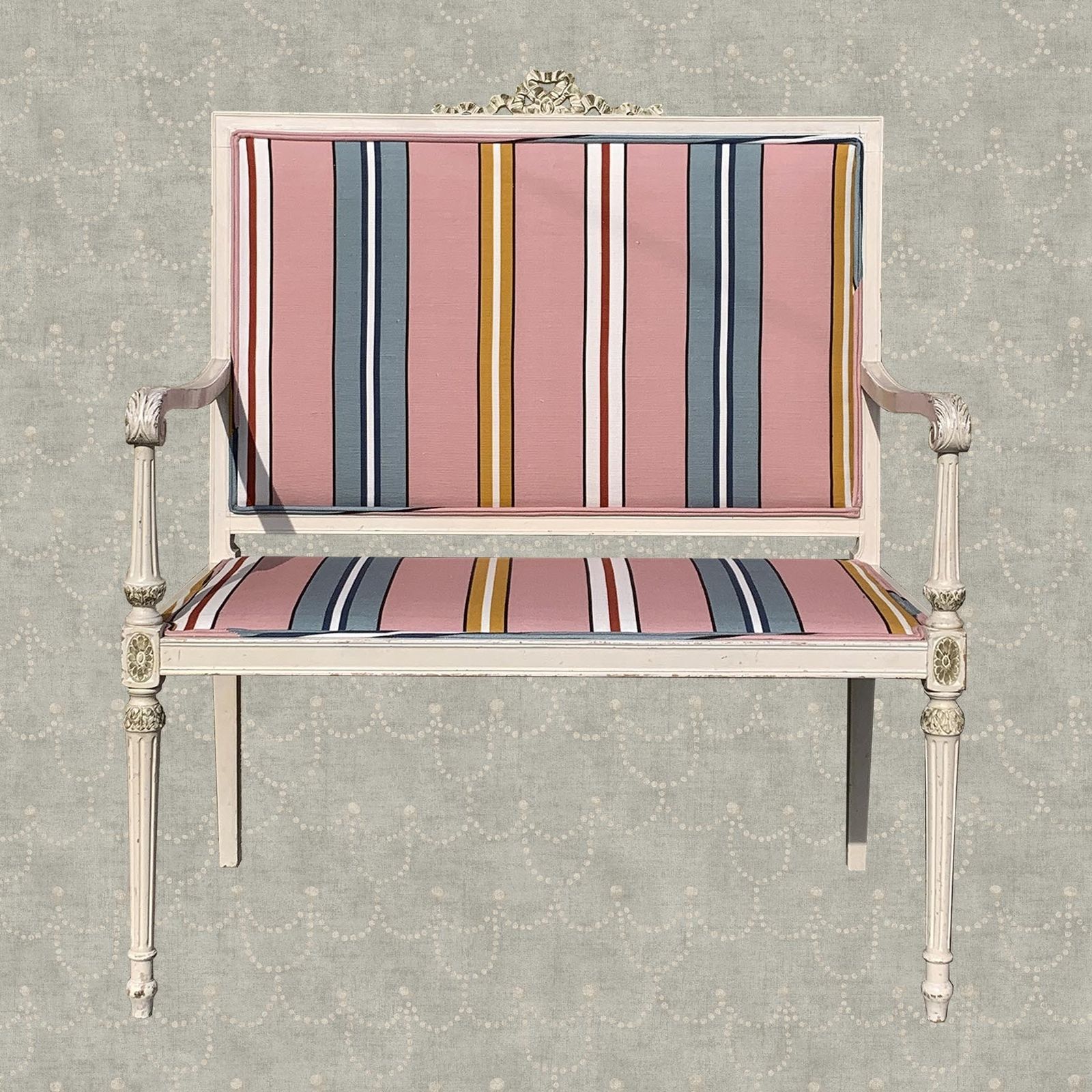 Antique French Settee Little Sofa Neo Classical Style With Striped Pink Ottoline Fabric