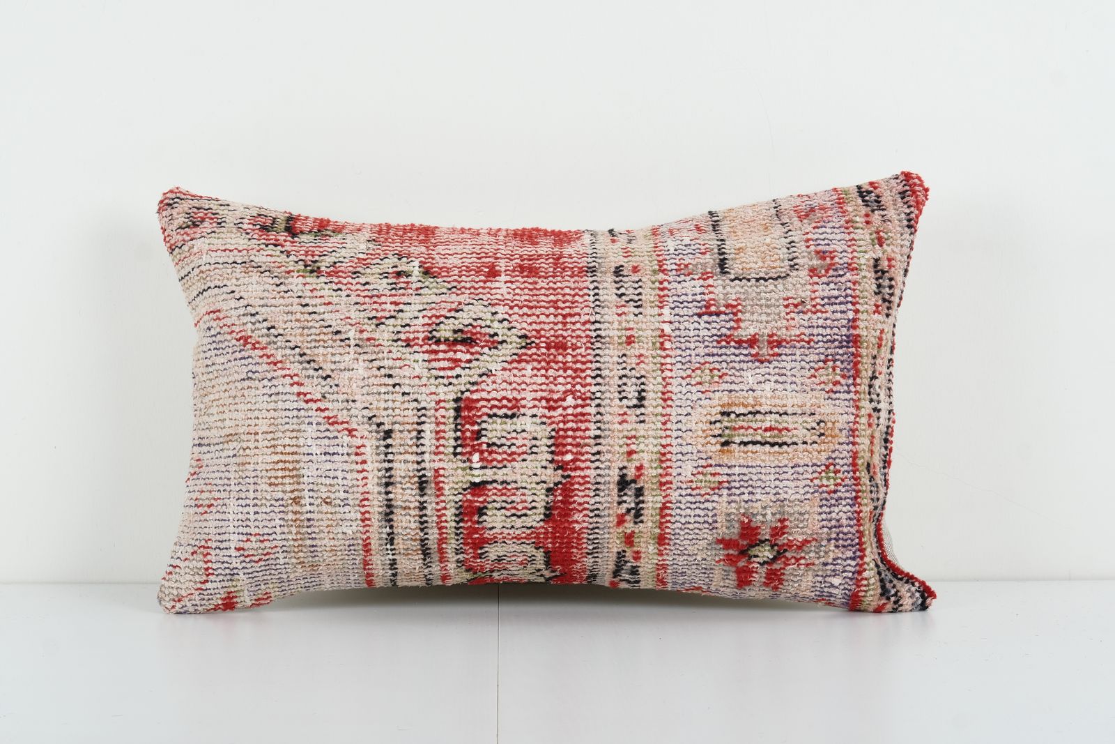 Faded Red Lumbar Pillow, Faded Copper Turkish Lumbar Pillow, Muted Ethnic Anatolian Carpet Cover, Oushak Pillow