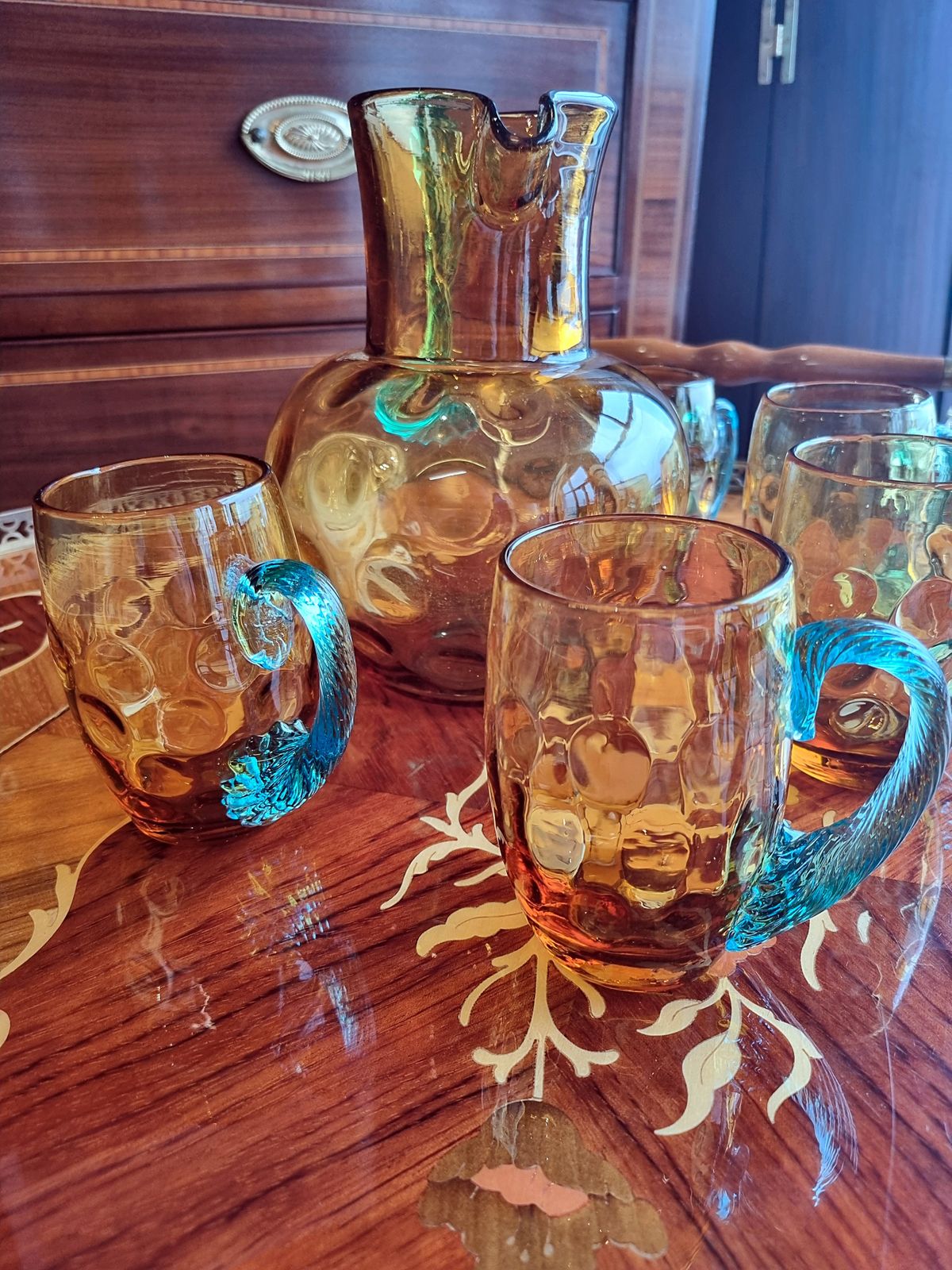 Rare Victorian Amber Dimpled Glass Water Jug Glassware Set Drinking Glasses Cups Mugs Turquoise Handles photo furniture