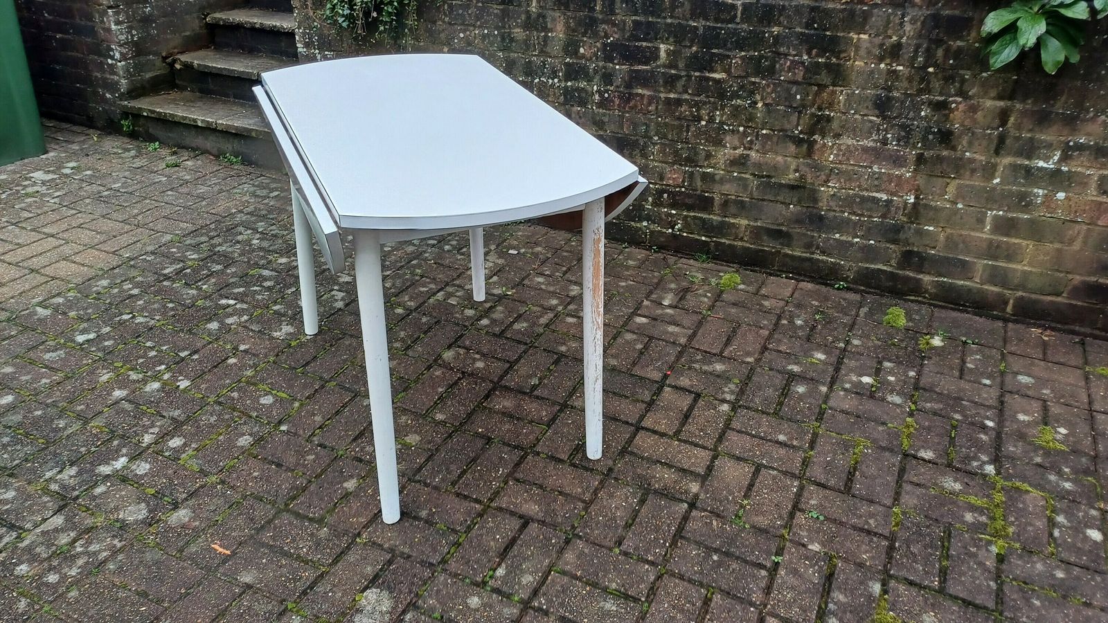 Classic Vintage Retro 70s Dining Kitchen Table White Formica Top And Wooden Legs. Legs Are Detachable For Access. 'Dinette'. Drop Leaf. photo for sale