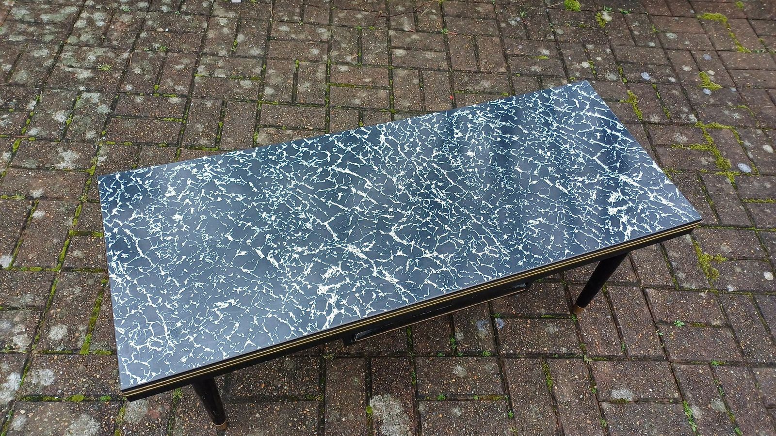 Superb Vintage Formica Coffee Table Formica Top Wooden Black And Brass Legs Unusual Built In Tray. photo for sale