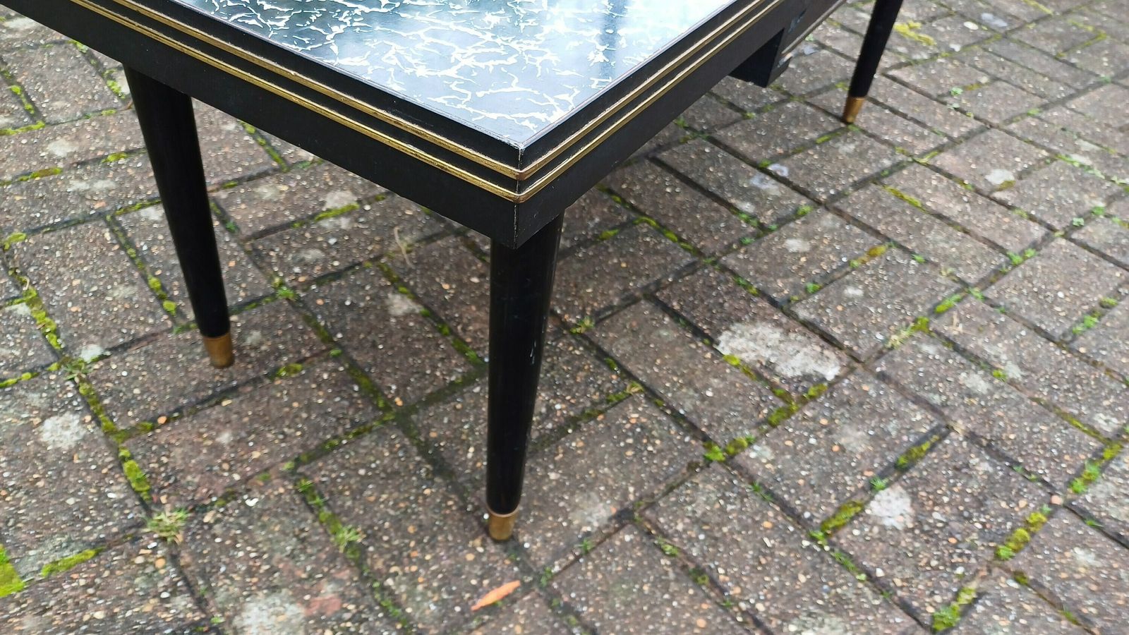 Superb Vintage Formica Coffee Table Formica Top Wooden Black And Brass Legs Unusual Built In Tray. photo vintage