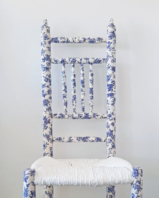 "From T Shirt To Couture Chair" Restyled Antique Turned Wood Tall Chair By Habitat Improver With Fabric Découpage And Paint photo for sale