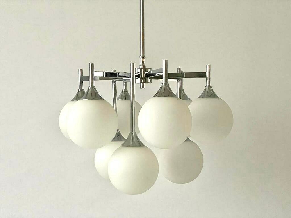 Beautiful 9 White Ball Glass And Chrome Body Chandelier By Kaiser Leuchten, 1960s, Germany photo vintage