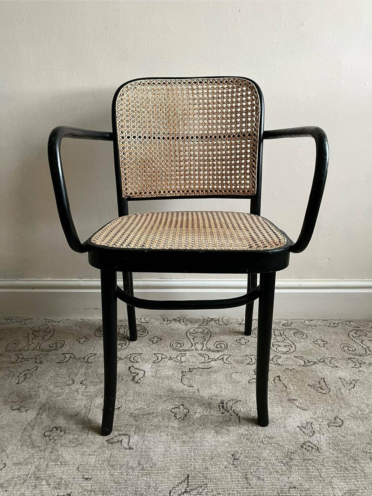 Model 811 Chair By Josef Frank For Thonet In Black Lacquered Bentwood With Cane Seat Panel, Pair Of Vintage Prague Chairs Available photo for sale