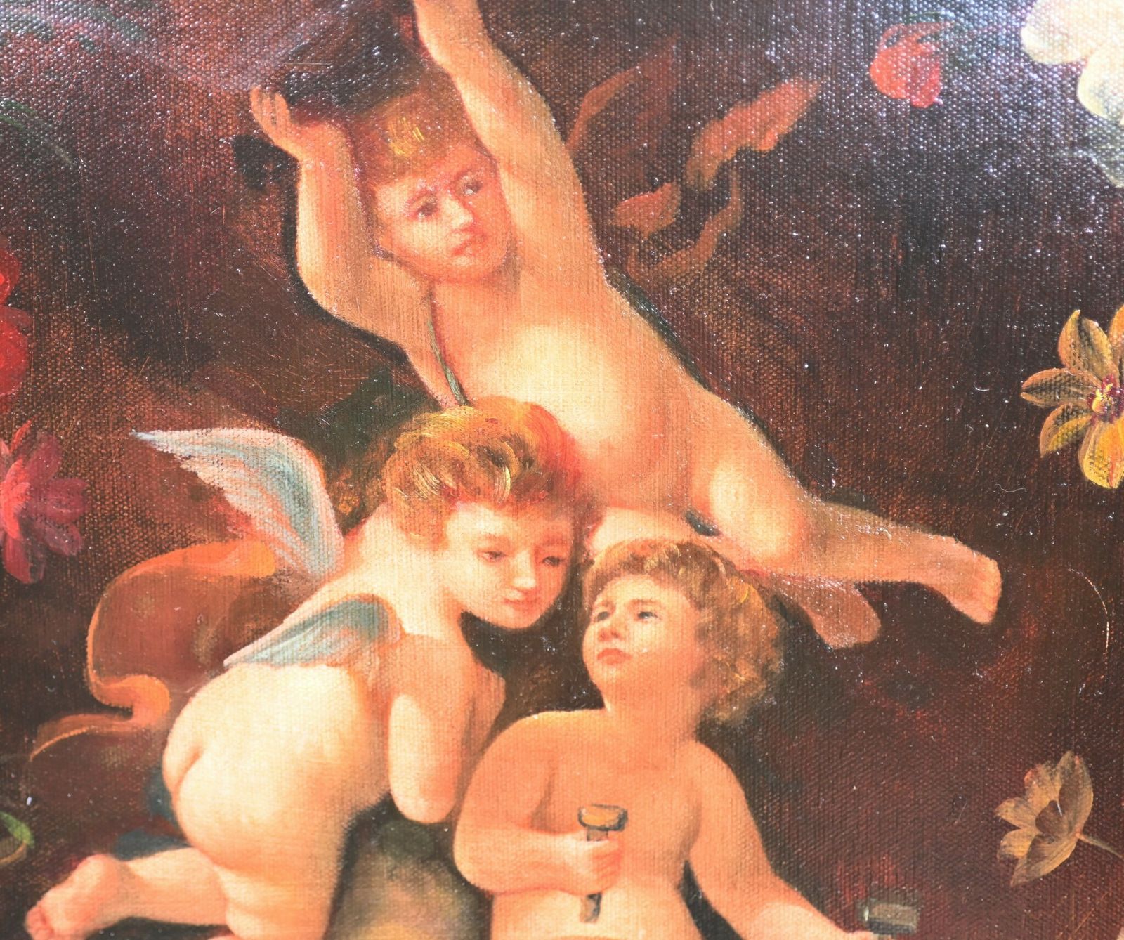 Regency Oil Painting Cherub Floral Potrait Putti Trio Signed photo for sale