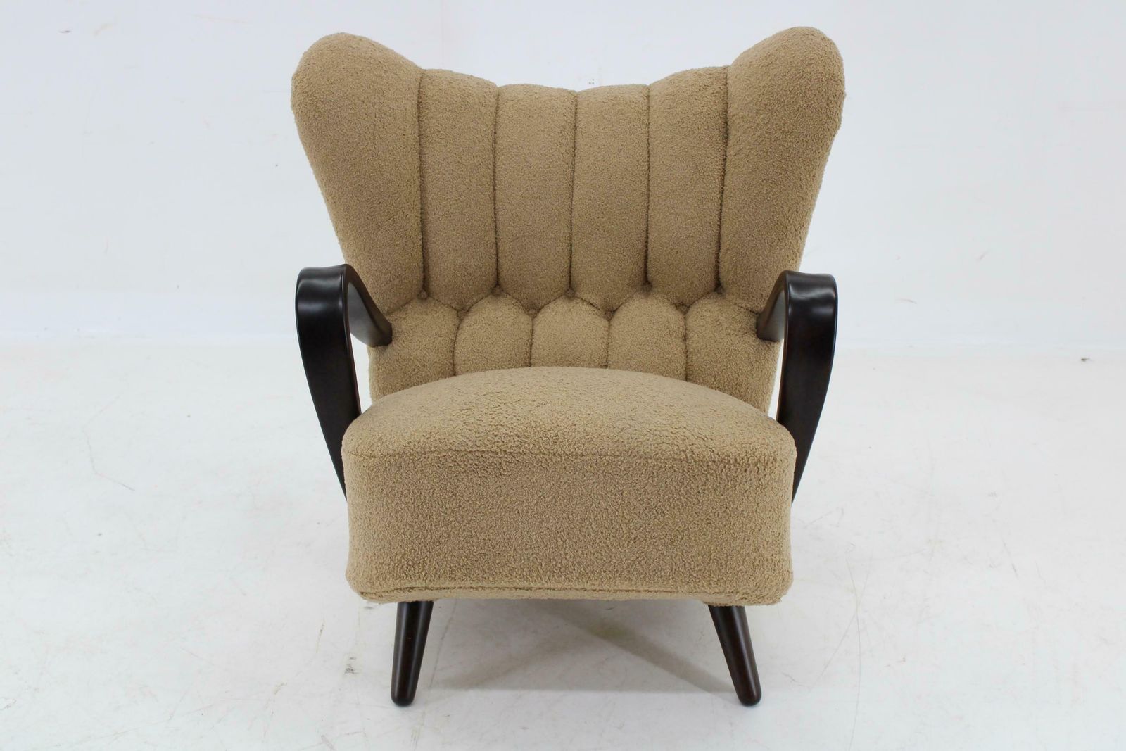 1940s Restored Wing Armchair In Boucle Fabric, Czechoslovakia photo vintage