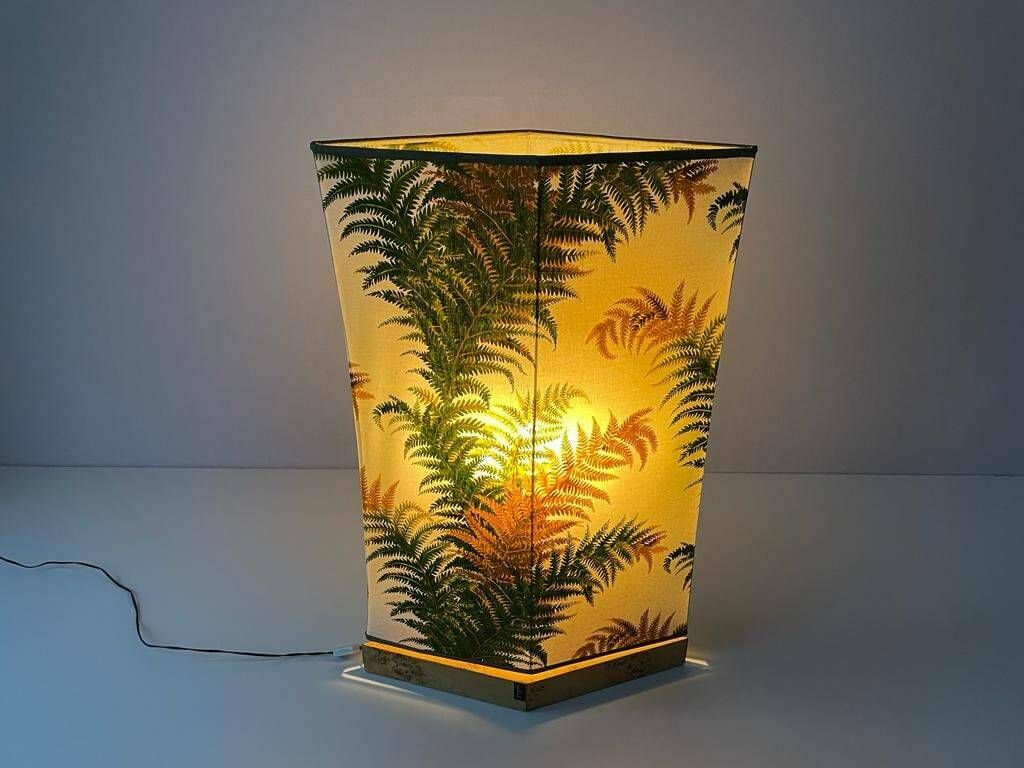 Forest Flower Theme Fabric Shade Italian Floor Lamp With Signed Wood Base, 1950s, Italy photo Lighting