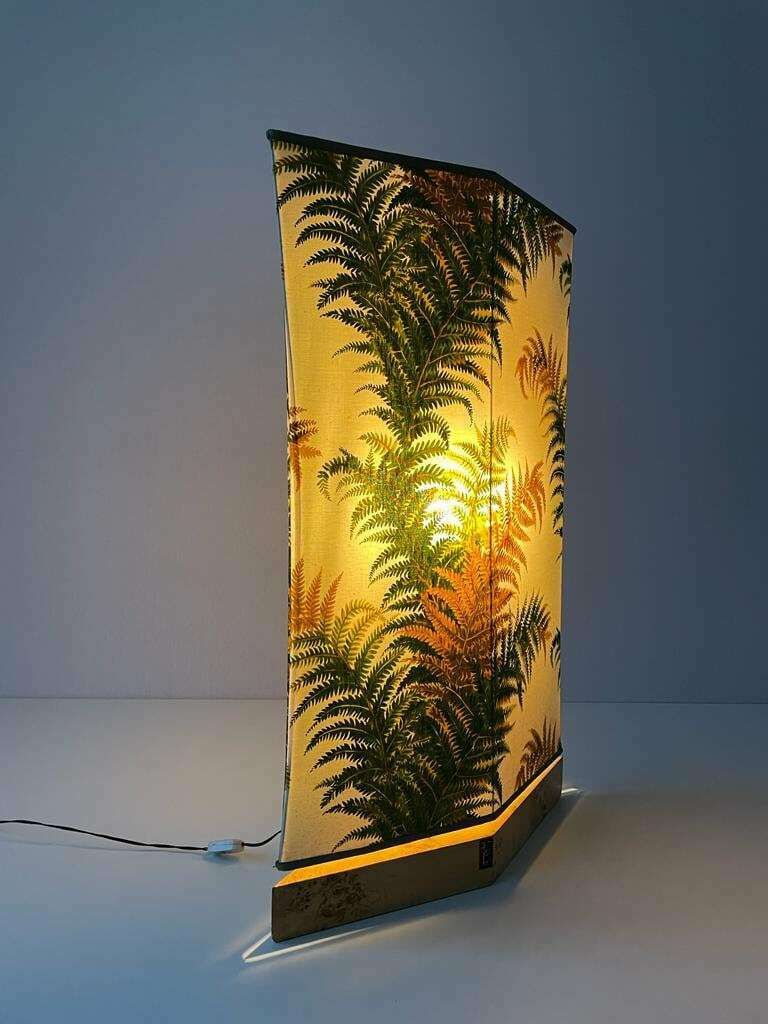Forest Flower Theme Fabric Shade Italian Floor Lamp With Signed Wood Base, 1950s, Italy photo 2329.0