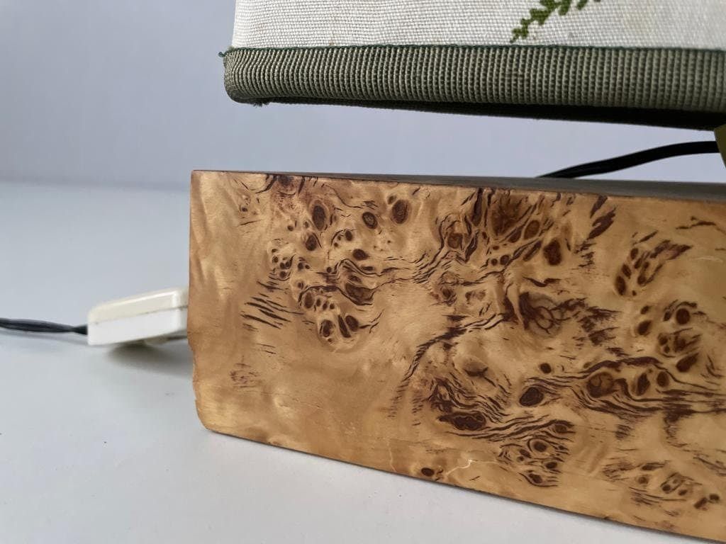 Forest Flower Theme Fabric Shade Italian Floor Lamp With Signed Wood Base, 1950s, Italy photo vinterior