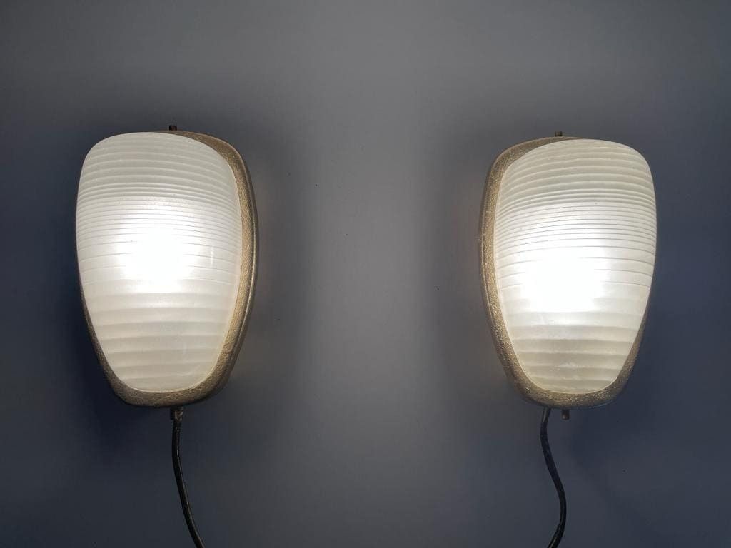 Italian Glass And Gold Coated Brass Pair Of Industrial Sconces By Lambda, 1960s, Italy photo for sale