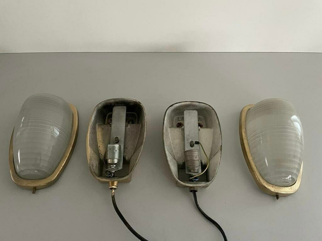 Italian Glass And Gold Coated Brass Pair Of Industrial Sconces By Lambda, 1960s, Italy photo buy